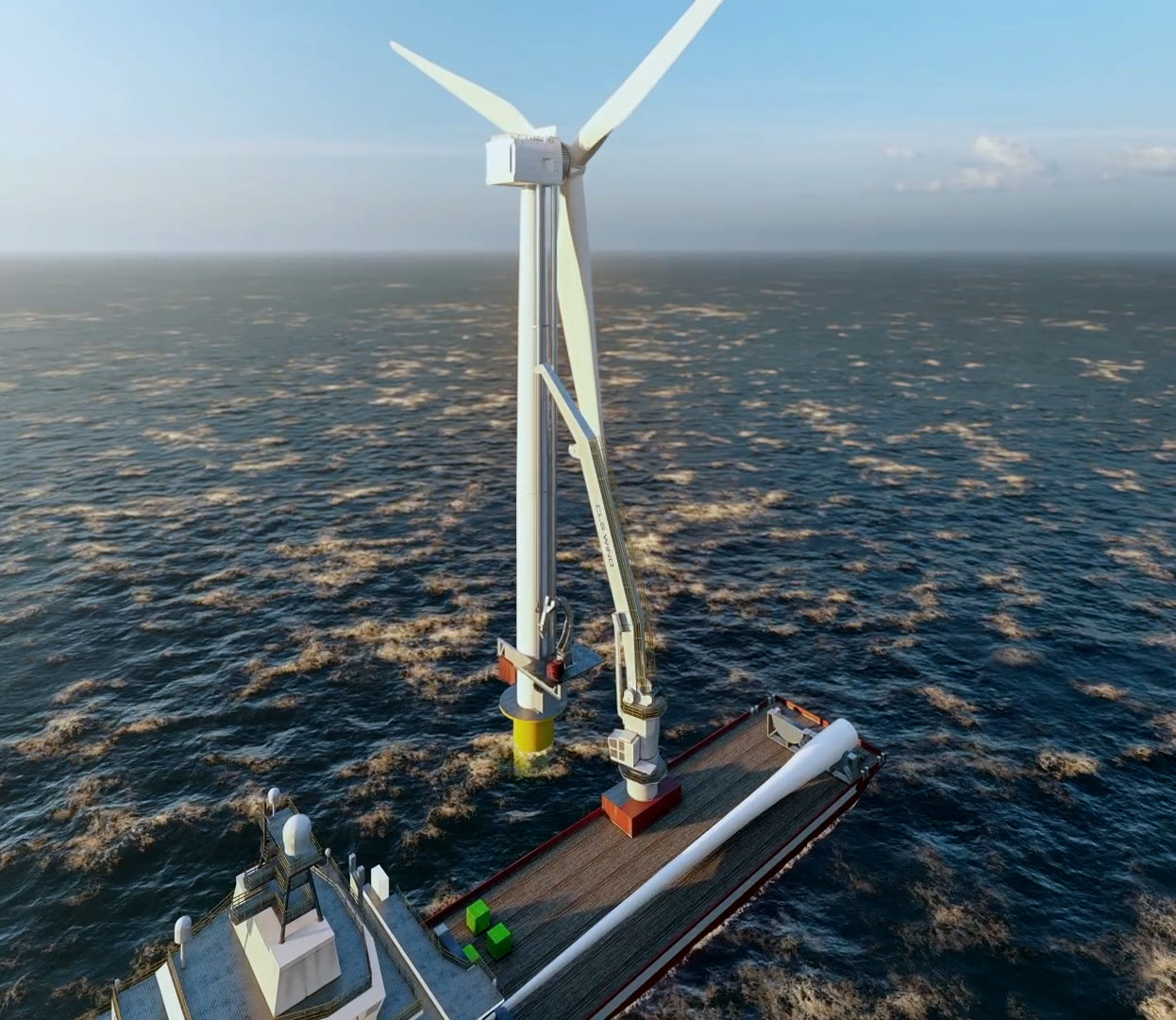 Render of ORCA LIFT on an offshore turbine: structural chords beside the tower from the foundation to the nacelle, with a supply vessel alongside.